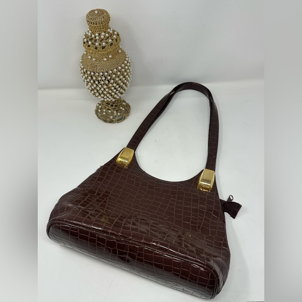 Vintage Via Piaggi Chic Brown Crocodile-Embossed Shoulder Bag
